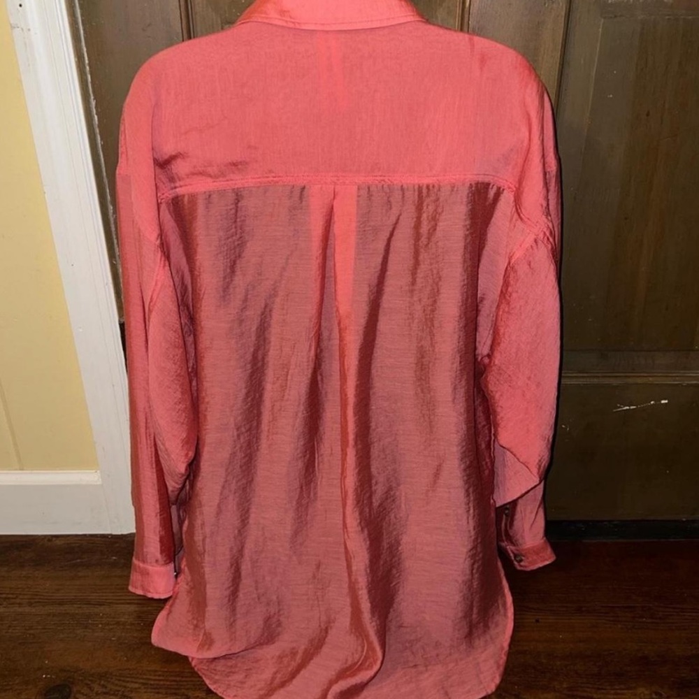 By Anthropologie Sheer Button Down Shirt Coral Pink Long Sleeve Oversized Size S - Picture 5 of 8